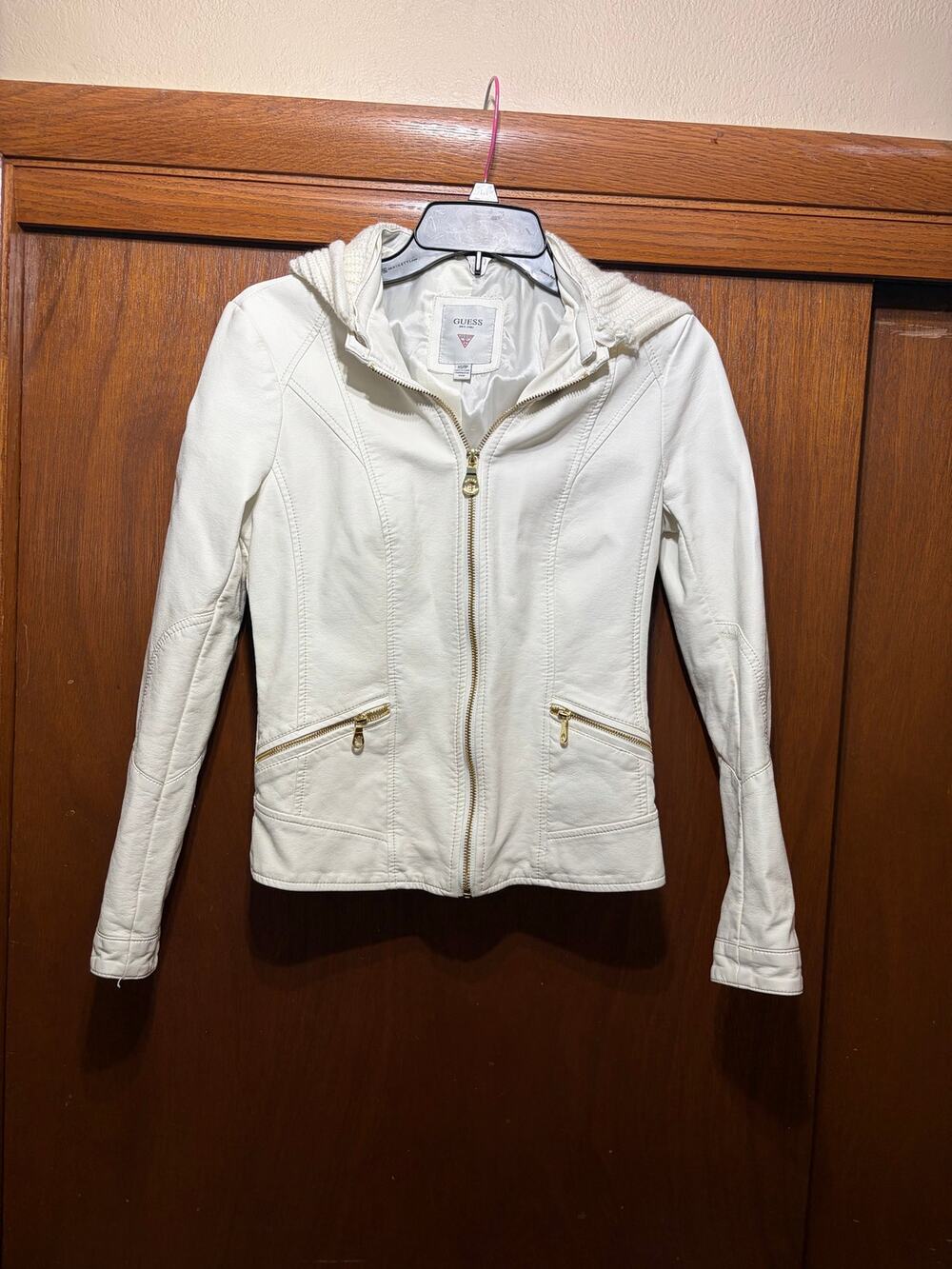 Guess White Faux Leather Moto Jacket XS Detachable Knit Hood Zip Front Coat